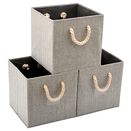 EZOWare Set of 3 Storage Baskets Cubes Bins with Cotton Rope Handle, Collapsible Boxes Organizer Container - Gray for Nursery kids Household items -13inch