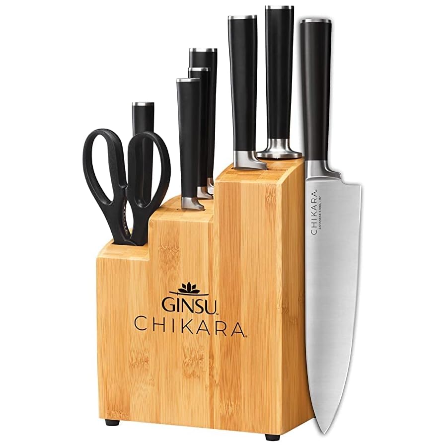 Ginsu-Chikara-Bamboo-block-8-Piece-Knife-Set-Black Ginsu Chikara Series Forged 8-Piece Japanese Knife Set, Black - Premium Cutlery Set with 420J Stainless Steel Kitchen Knives and Bamboo Block