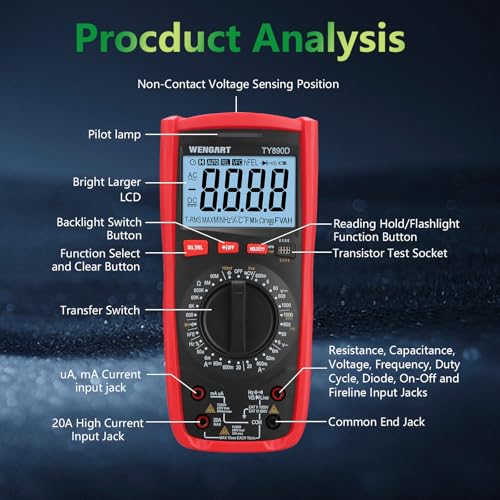Image of Wengart Digital Multimeter, 1000V AC /DC Manual-Ranging Tester for Voltage, Current, Resistance, Capacitance & Frequency, Professional NCV & Transistor Checker with hFE, LCD Display for HVAC & Solar PV