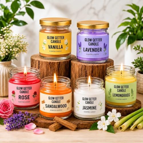 Image of Glow Getter Mini Jar Scented Candle Set | Premium Aromatherapy Candles in Glass Jars | Long Burning Home Fragrance Candles for Relaxation, Home Decor & Gifting, Scented Jar with lid (Pack of 6)
