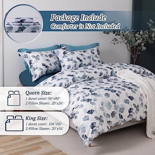 MILDLY 100% Long-Staple Cotton Duvet Cover Set Light Navy Ginkgo Leaf Pattern Printed Comforter Cover 3pcs, Ultra Soft & Breathable Bedding Set