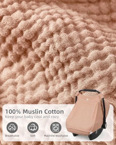 Image of Rquite Car Seat Cover Baby Girl Boy, 100% Muslin Cotton Carseat Covers, Breathable Infant Windproof Canopy with Mesh Window, Stroller Sun Shade for Summer & Hot Day, Dusty Rose
