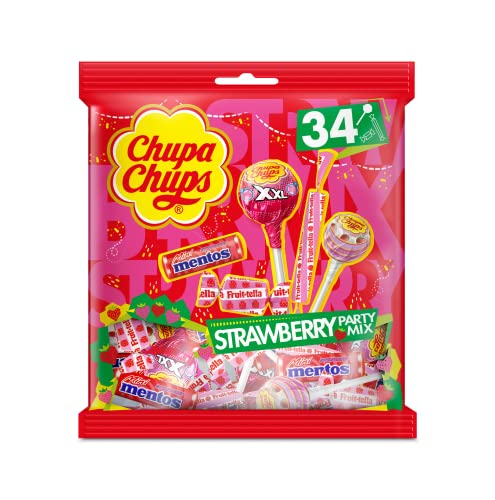 Chupa Chups – Strawberry Party Mix - Mix bonbons à la Fraise – Chupa Chups, Mentos, Fruittella - à Partager - Idéal pour Fêtes d'Anniversaires- Sachet de 34 bonbons