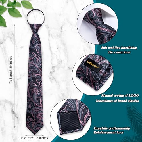 Image of DiBanGu Mens Zipper Tie Silk Pre-Tied Necktie with Gift Box | Jacquard Woven,Paisley Solid Plaid Pattern,6PCS with Pocket Square,Cufflinks and Lapel Pin,for Wedding Party Formal Business