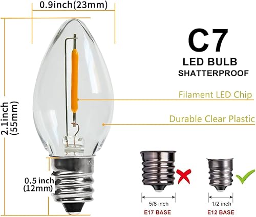 Miniatura 2 de KGC Paquete de 50 bombillas LED de repuesto C7 de Navidad, equivalente a 7 W, blanco cálido de 2200 K, bombillas de luz nocturna de plástico