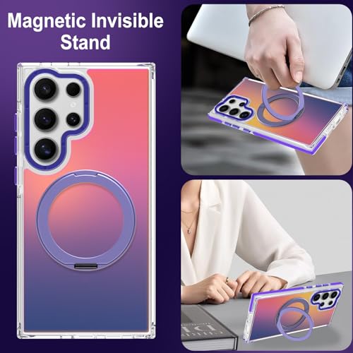 Image of Magnetic for Samsung Galaxy S23 Ultra Case with 360 Stand [Compatible with Magsafe] [Fluorescent Design] [1 Screen Protector] Slim Translucent Matte Case for Galaxy S23 Ultra 6.8 inch, Purple