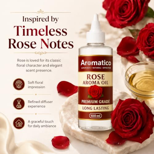Image of AROMATICO Pure Rose Diffuser Oil with Long-Lasting Fragrance for Homes, Offices & Showrooms. Ideal for Diffusers, Reed Diffusers, Air-Purifiers & Candles 100 ml