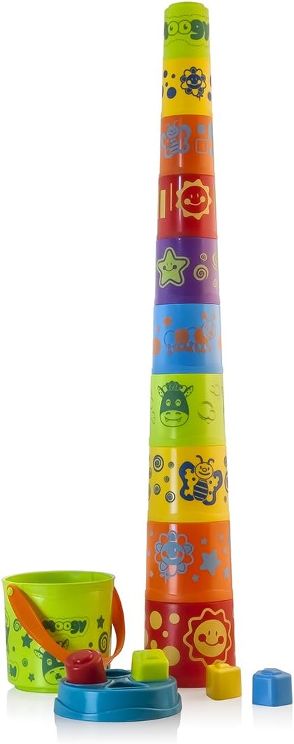 Miniland Educational - Giantte Déco Moogy Stacking Buckets Set - Plastic Stackable Nesting Cups for Kids, Fun Toddler Playtime Activity to Promote Motor Skills and Coordination