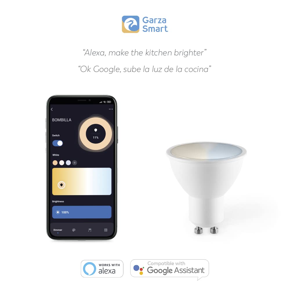 Garza Smart - Pack 2 Bombilla LED Inteligente Wifi Dicroica GU10, 4.5W (equivale a 40W de incandescencia), E27, CCT, Intensidad regulable, Programable, Control por voz y app, Alexa/Google, WiFi 2.4GHz