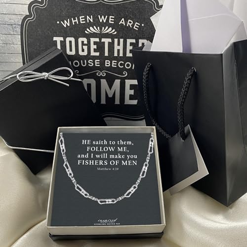 ACTS Sterling SIlver Fisher Of Men Bracelet and Necklace, Sterling Silver 925 Fisherman Link Chain Necklace, Inspirational Card Gift - Choose Length2