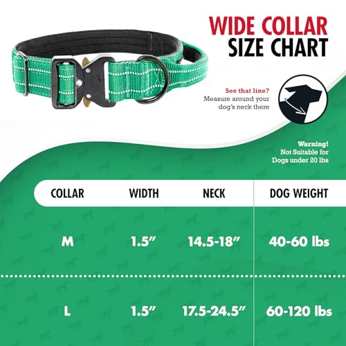 Image of Tuff Pupper Tactical Dog Collar | Heavy Duty 1.5 inch Wide Ballistic Nylon | Training Control Handle | Quick-Release Metal Buckle | Reflective Bands | ID Tag Holder | Padded Inner Lining (Green, Medium)