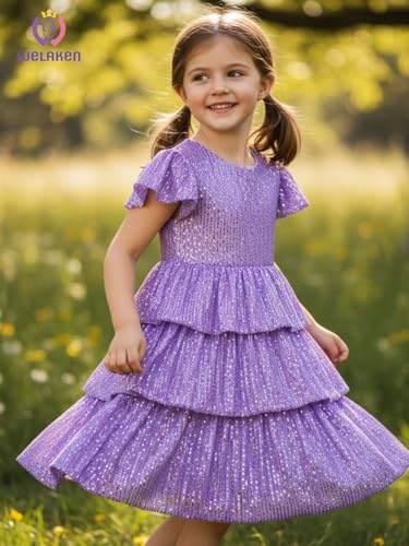 WELAKEN Girls Sequin Dress with Glittering Flutter Sleeves and Tiered Layers3