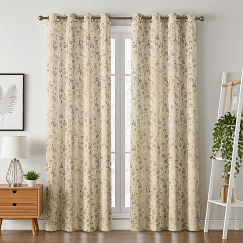 Image of Velvet Golden Foil Flower Pattern Curtains 9 Feet Long Pack of 1, Cream