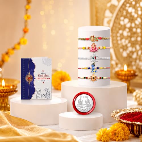 Image of Periapt Rakhi Gift Set for Brother & Bhabhi - Traditional Rakhis with Silver Coin & Greeting Card - Combo for Raksha Bandhan