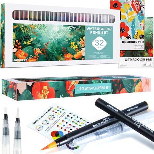 Watercolor Art Supplies Gifts for Girls Teens Beginners, 32 Watercolor Pens Set Includes 26 Vivid Colors Real Calligraphy Watercolor Brush Pens, 2 Water Pens, Watercolor Book and Coloring Book