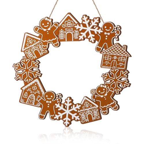 Jetec Christmas Gingerbread Wreath 11.8inch Christmas Front Door Decor Wooden Gingerbread Man and House Snowflakes Door Hanger Rustic Wall Decoration for Xmas Holiday Garden Yard Window