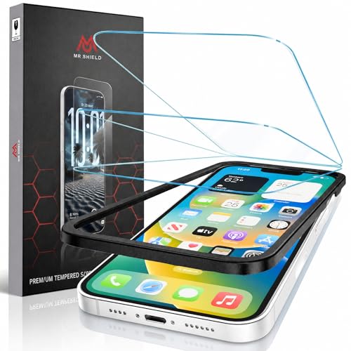Image of Mr.Shield [2 Pack] Easy-X Screen Protector for iPhone 14 /13 /17e /16e /13 Pro | 9H Hardness Tempered Glass Guard, Military Grade Shatterproof, Easy Installation Tray, HD Clarity, Case-Friendly