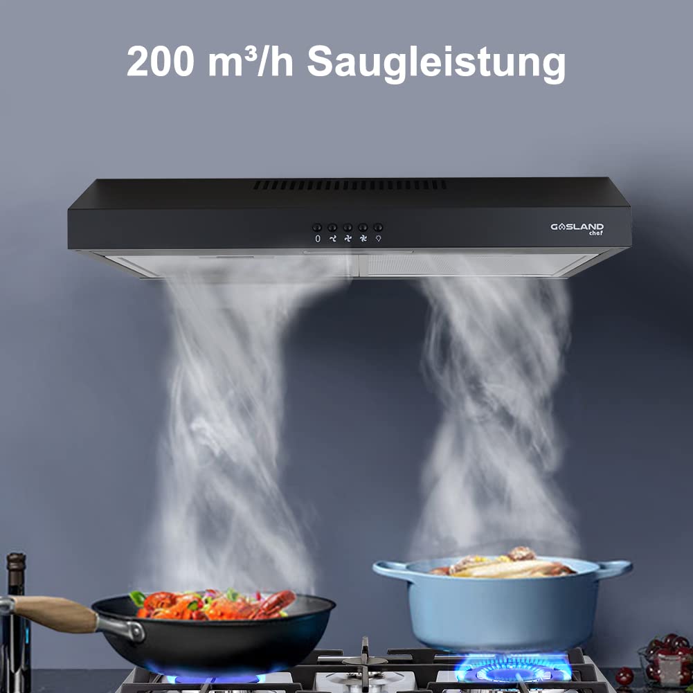 GASLAND SR60BP 60cm 200m³/h schwarz Wand-Dunstabzugshaube, 2W LED Helles Licht für die Küche, Abluft oder Umluft/Mechanische Schlüssel/2 x Aluminium-Fettfilter