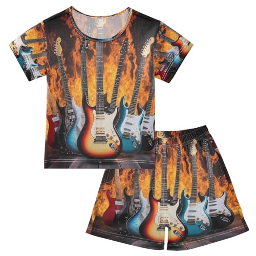 ALAZA Electric Guitar Music Fantasy Pajamas Set Short Sleeve Cotton Sleepwear Summer Pjs 2 Piece 5-14Y