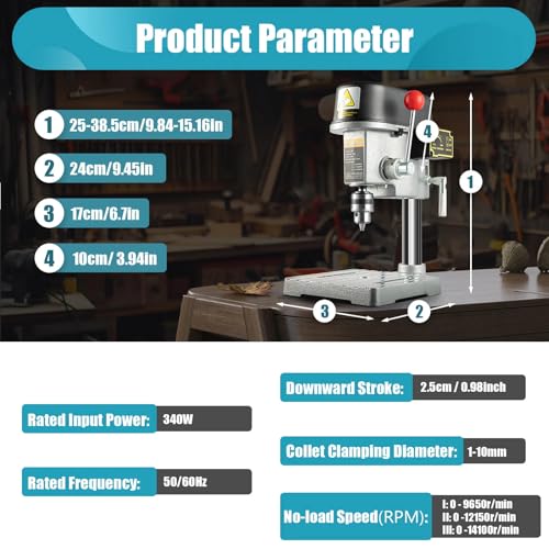 Mini taladro de sobremesa de 340 W, diámetro máximo de perforación de 10 mm, 3 velocidades ajustables, ideal para joyeros, carpinteros, mecánicos, aficionados