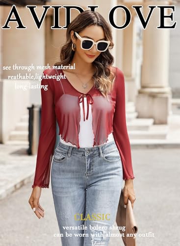 Image of Avidlove Womens Sheer Shrug Tie Front Long Bell Sleeve Mesh Bolero Lightweight Summer Casual Short Shawl Top