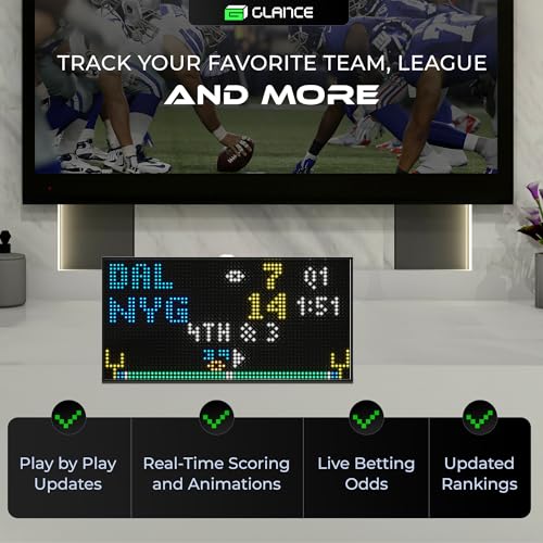 Glance LED Ticker - Customizable LED Display Sports Ticker, LED Display for Man Cave, Stock Market Ticker Display, Sports Score Retro Smart Pixel Display, Weather Display - 8"x4" Made in USA
