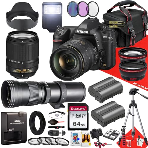 Nikon D780 DSLR Camera with AF-S DX 18-140mm f/3.5-5.6G ED VR Lens and 420-800mm Lens + 64GB Memory + Extra Battery + Slave Flash + Filters + Tripod + More (32pc Bundle) (Renewed), Black