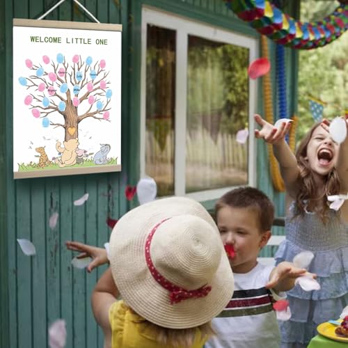 Image of QZCYU Winnie Baby Shower Decorations, Gender Reveal Party Decorations, Gender Reveal Fingerprint Tree,Boy or Girl Gender Reveal Supplies Fingerprint Tree Canvas