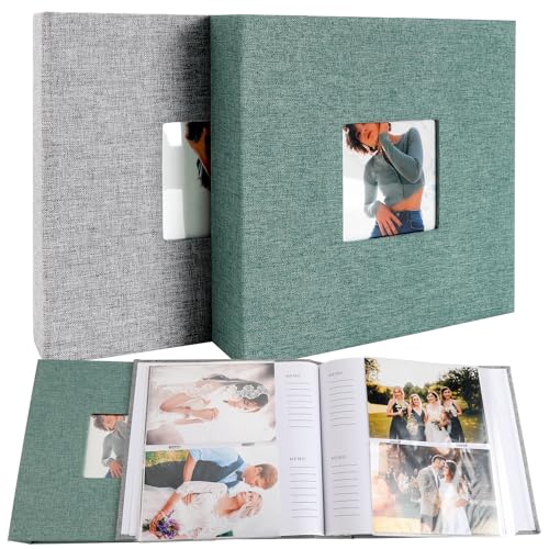 [2 Pack] Cokiyaya Photo Album, For 4×6, 3.5×5, 3×4, With 200 Pockets, Self Adhesive Inner Pages, Linen Cover, For Family Wedding Anniversary (Gray,Green)