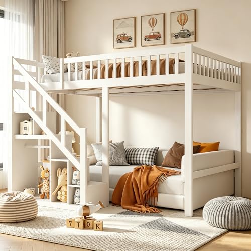DULRLLY Lit Mezzanine 90x200 cm, Multifonctionnel Lit Superposé Enfant avec Escaliers de Rangement et Barrière de Sécurité, Sommier à Lattes en Bois, Lit...