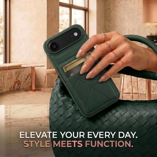 Image of amazon basics Premium Vegan Leather Back Cover with Card Holder and Integrated Mobile Stand for iPhone 17 Air - Slim Shockproof Wallet Case with Geometric Stitching [Green]