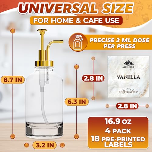 Image of Set of 4 Glass Syrup Bottles for Coffee Bar - 16.9oz 500 ml Coffee Syrup Dispenser with Pump, 18 Marked Labels, Leak-Proof, Easy Cleaning - Drink Station Accessories | Event Ready (Golden Pumps)