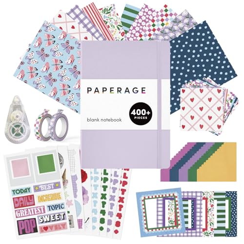 PAPERAGE Junk Journal & Scrapbook Kit Hardcover Blank Journal Notebook 20 Patterned Papers 8 Sticker Sheets 20 Die-Cut Shapes 2 Washi Tapes & Tape Roller Creative Journaling Supplies - Lavender