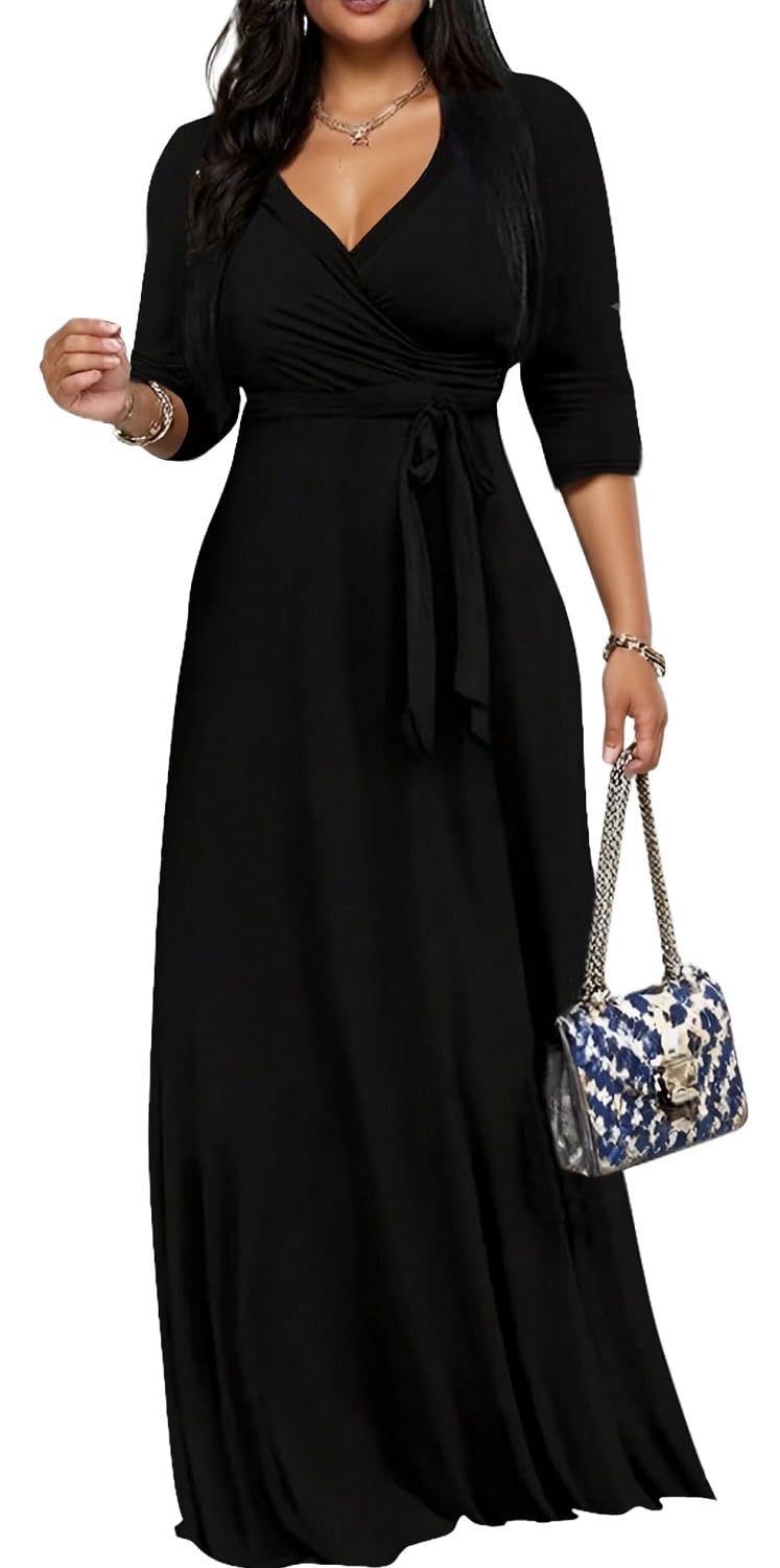 Women's Church Maxi Wrap V Neck 3/4 Sleeve Tie Waist Plus Size Long Dress