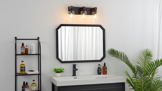 Image of Farmhouse Bathroom Vanity Light Fixtures, Rustic 4-Light Wood Vanity Lights for Bathroom, Vintage Black Wall Sconces Lighting, Light fixtures Over Mirror, with Glass Shade