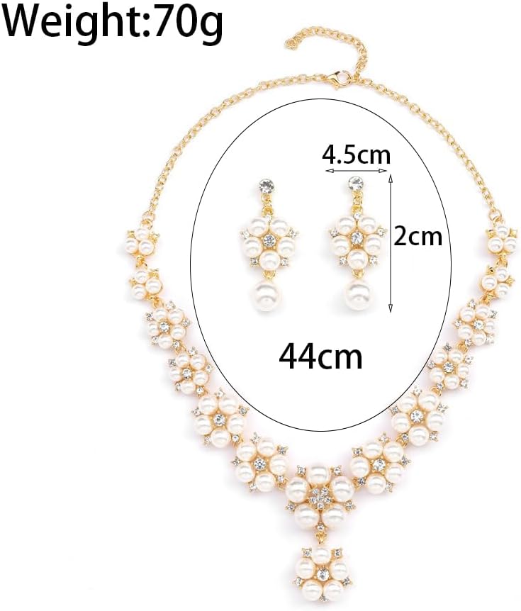 Pearl Flower Jewelry Set,Pearl Rhinestone Necklace Earring Set for Bridal Wedding,Dainty Formal Silver Prom Cocktail Jewelry Sets for Women - Image 6