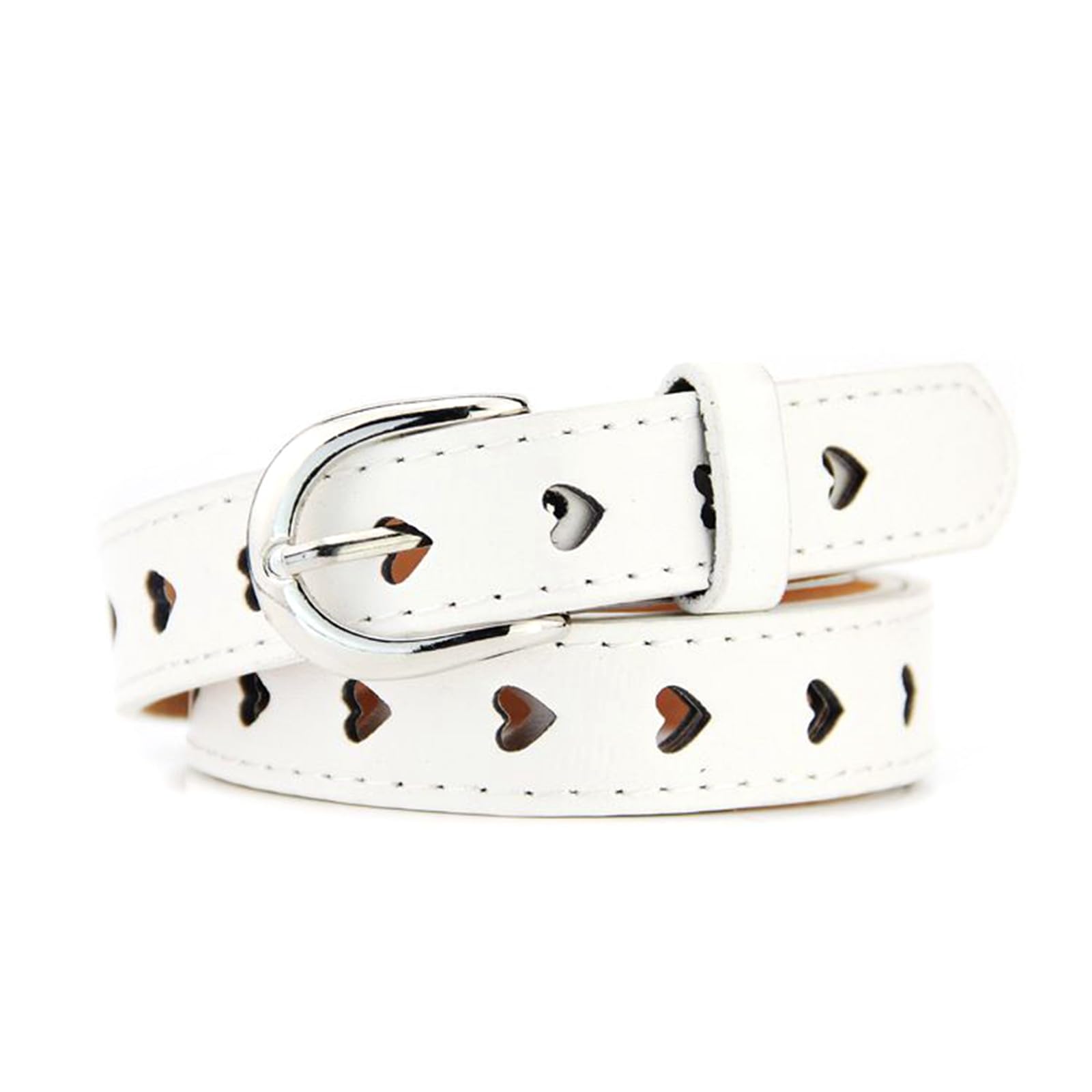 Rodsah Women's Heart Cutout PU Leather Belt 105x2.5cm, Decorative Waistband,White,105x2.5cm