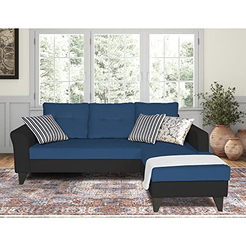 Image of Adorn India Maddox L Shape 4 Seater Sofa Set Tufted Two Tone RHS (Blue & Black) (3 Year Warranty)