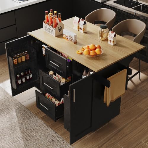 vutizal Isla de cocina negra con placa plegable y ruedas extraíbles, armario de cocina 2 en 1 o carrito de comedor móvil de 135 cm, 3 cajones y estante para aperitivos, armario buffet con toallero con