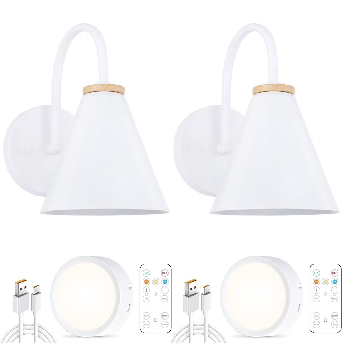 Battery Operated White Industrial Wall Sconce Set of 2, Easy to Install Not Wires, USB Rechargeable Battery with Remote Control Led Light, Dimmable Wall Lamp Fixtures for Bedroom Farmhouse Gallery RV