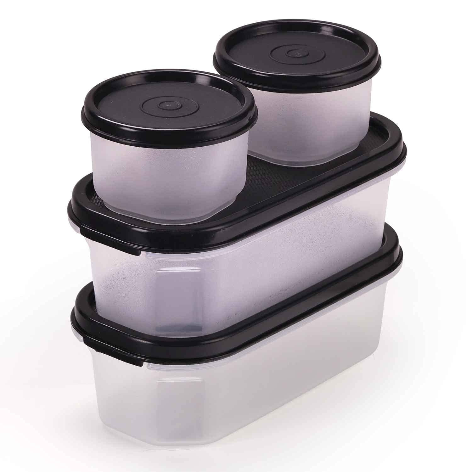 Oliveware Modular Storage Containers | Organised Kitchen | Stackable | Durable | For Pulses, Rice, Dal, Atta, Flour, Cereals, Snacks, | Set of 4-2x600ml + 2x180ml (Black)