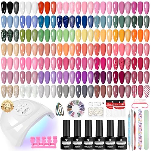 VANREESA 55 Colori Kit Semipermanente Unghie, Kit Unghie Gel Completo 77PZ con Top Base Opaco Brillantini Coat e Lampada U V Led Unghie 48W e Strumenti per Manicure, Set Manicure per Principianti