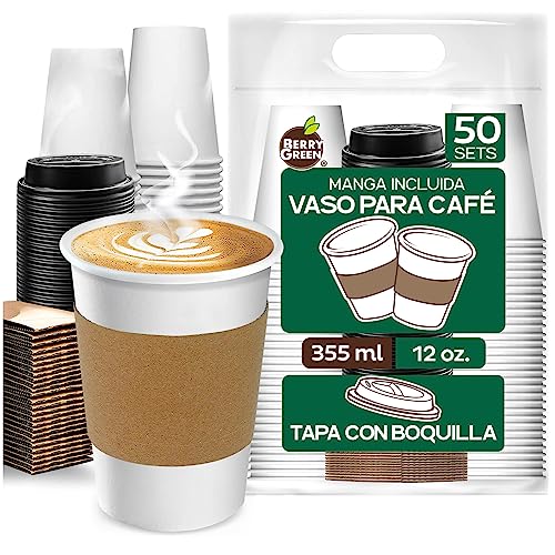 Vasos con tapa 45 Berry Green 50 Vasos para Cafe de 12 oz (355 ml) Resistentes con Tapa y Manga Protectora, Perfecta Para Cafe, Te y Todo Tipo de Bebidas Calientes, sin Derrames, Biodegradables