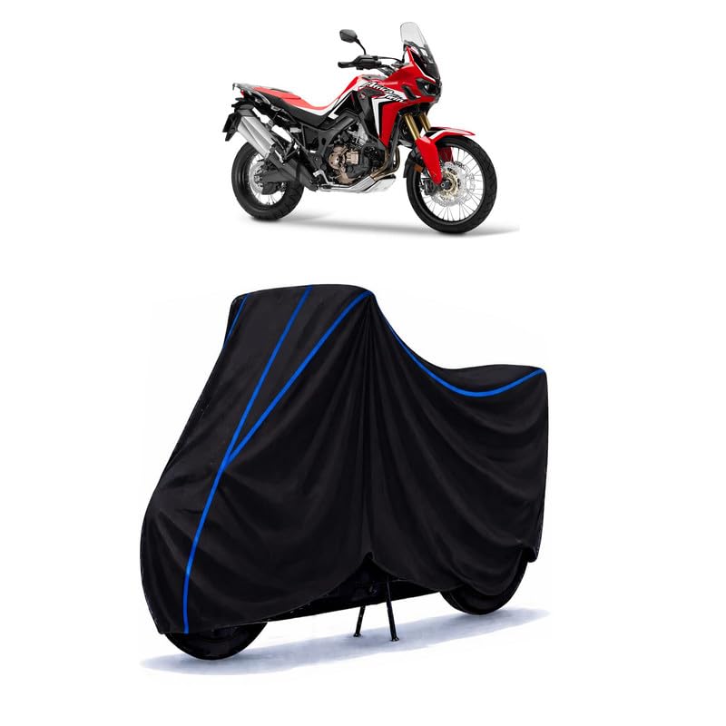 Image of Africa Twin 1200 Bike Cover Water Resistant Universal Motorcycle Rain | Heavy Duty UV Protection, Dust, Scratch Indoor Outdoor All Weather with Black Blue Piping Elastic