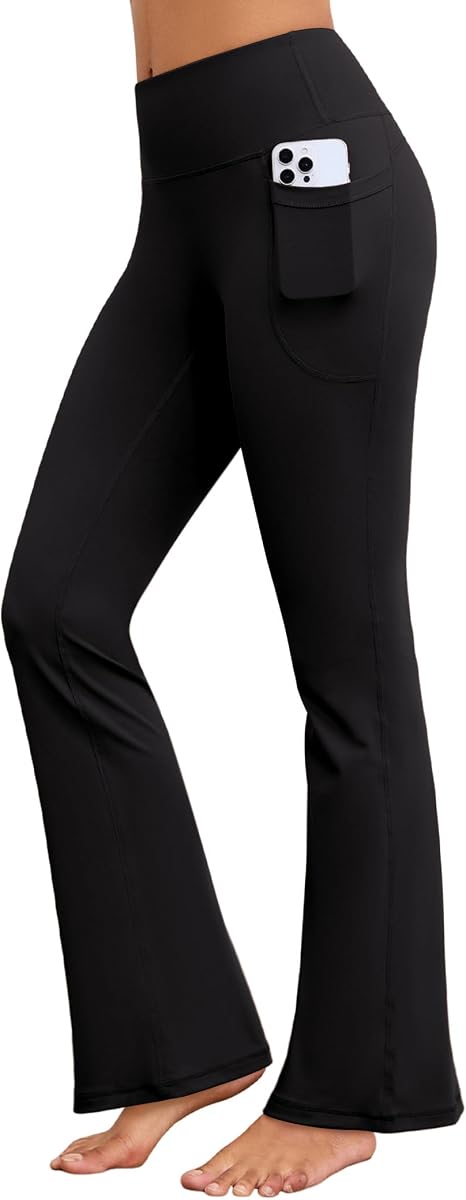 Pantalones de yoga acampanados para mujer con bolsillos, leggings acampanados de cintura alta | Sin costura frontal, cobertura opaca, tejido elástico suave, control de barriga, dos bolsillos laterales para entrenamientos