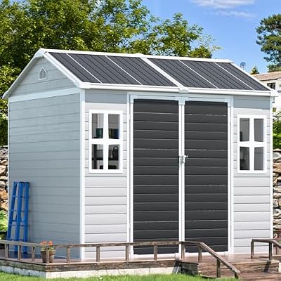 CDCASA 8x6 FT Resin Storage Shed with Floor, Waterproof Large Outdoor Shed & Lockable Door, 2 Windows, Heavy Duty Outside Plastic Tool Shed for Backyard Patio Poolside Garden Lawn