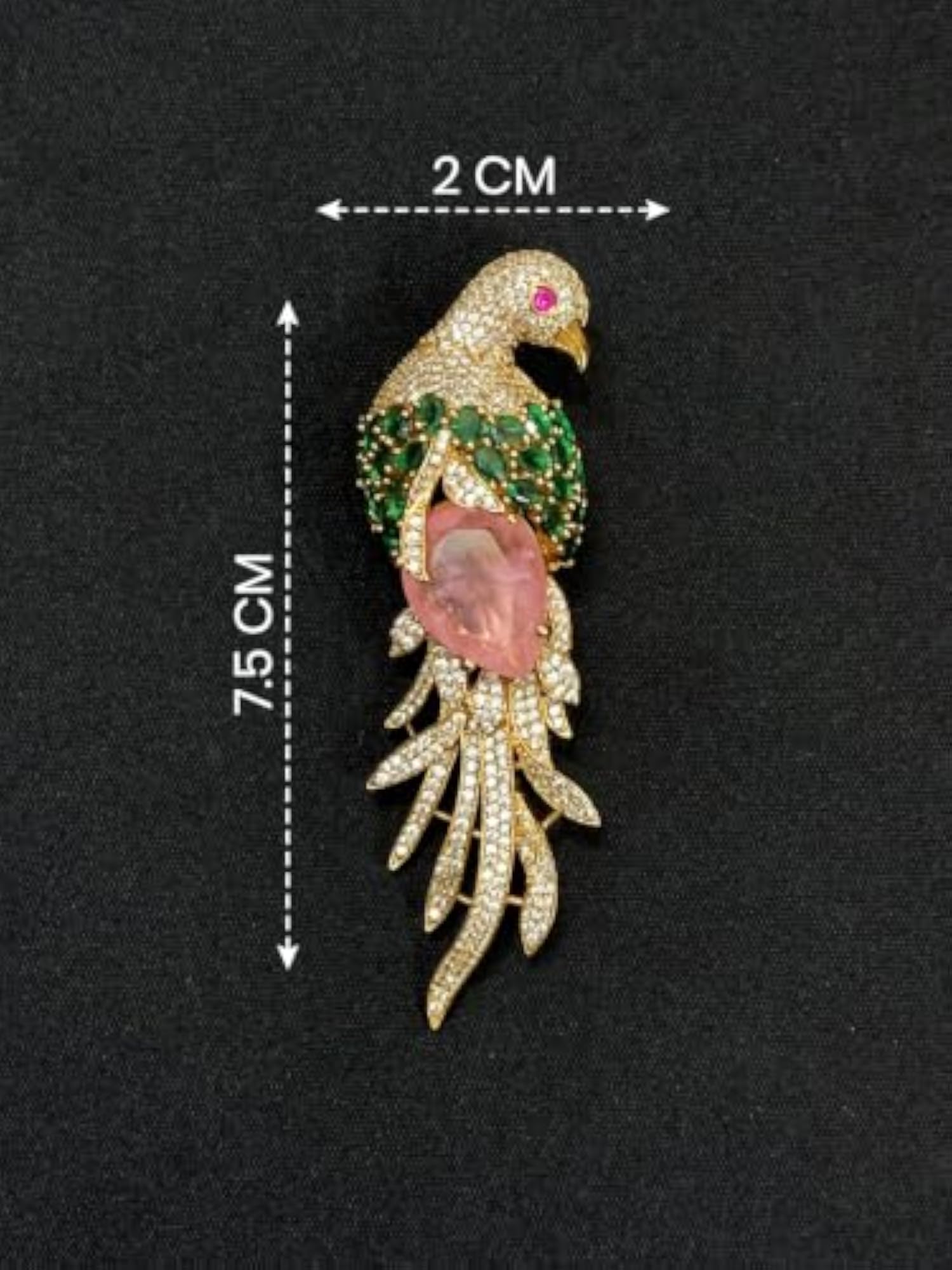 Gold Tone Sparkle Green & Pink Stone Bird Shape Unisex Brooch