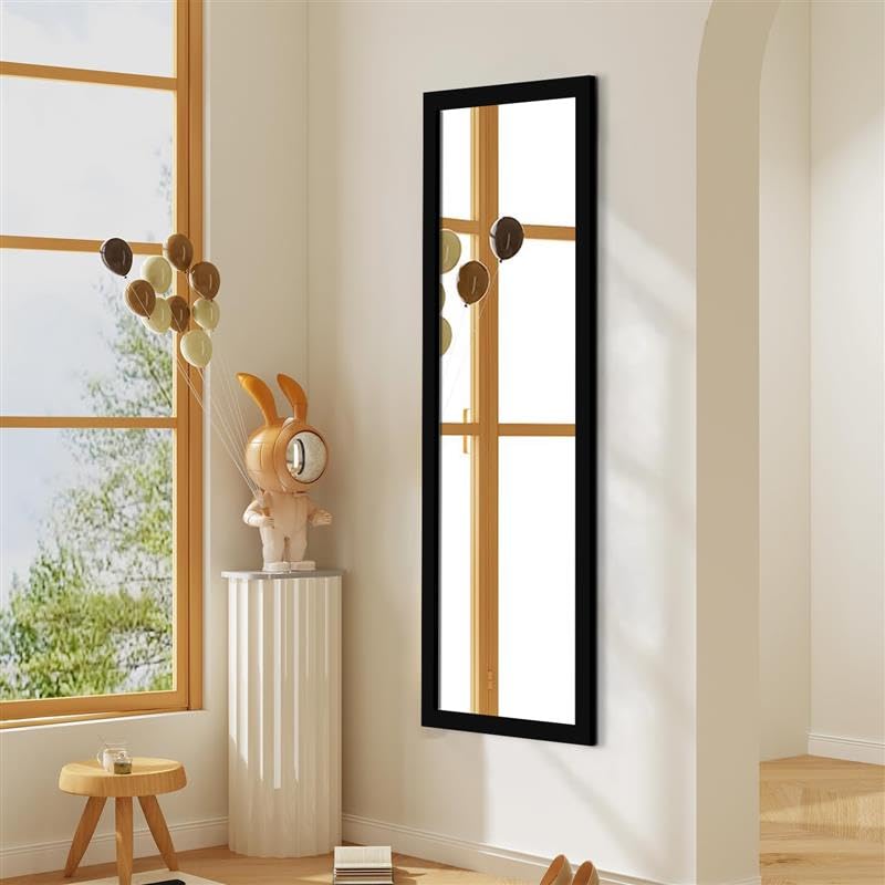 Image of Black Framed Full Length Mirror, 48 inch x 12 inch Wall Mounted Body Mirror with 5mm HD Shatterproof Glass, Vertical & Horizontal Hanging Mirror for Bedroom, Bathroom, Living Room, Entryway
