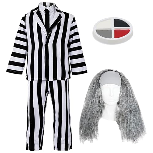 Disfraz de fantasma loco para niños, talla XL, traje de rayas blancas y negras, corbata negra, peluca gris, disfraz de Halloween para niños