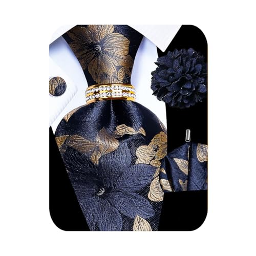 Image of 5PCS Mens Silk Designer Tie, Pocket Square, Cufflinks, Drilled Tie Ring and Lapel Pin Set for Wedding Groom Party